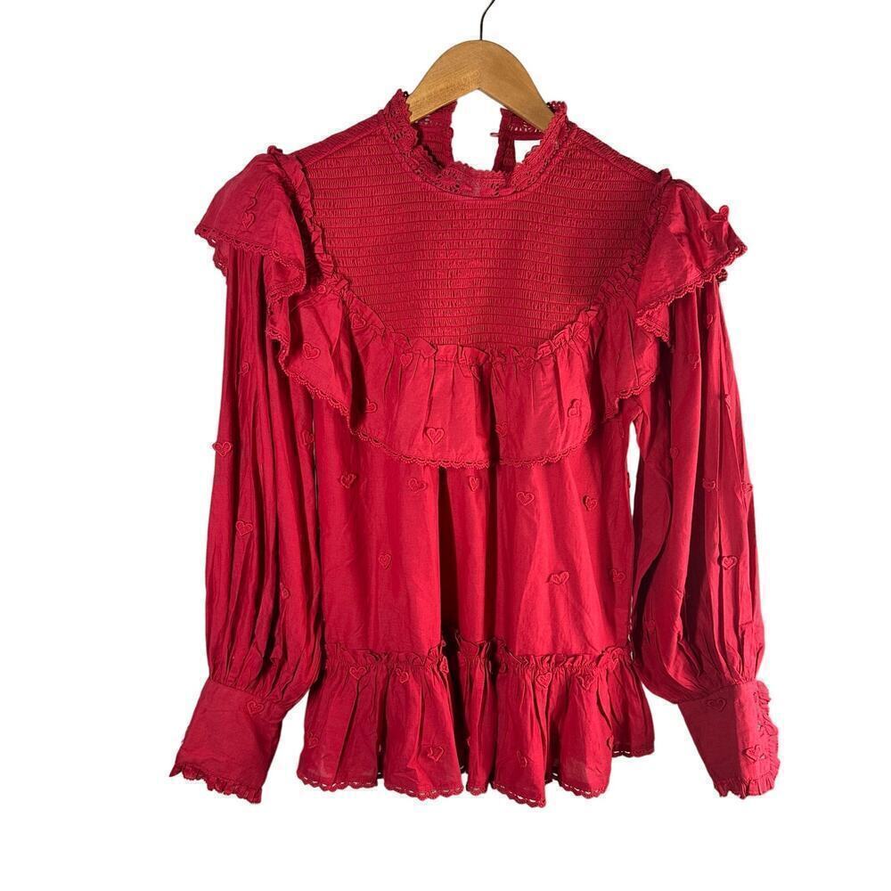 FARM Rio Red 3D Heart High Neck Smocked Long Sleeve Blouse Top Size Small